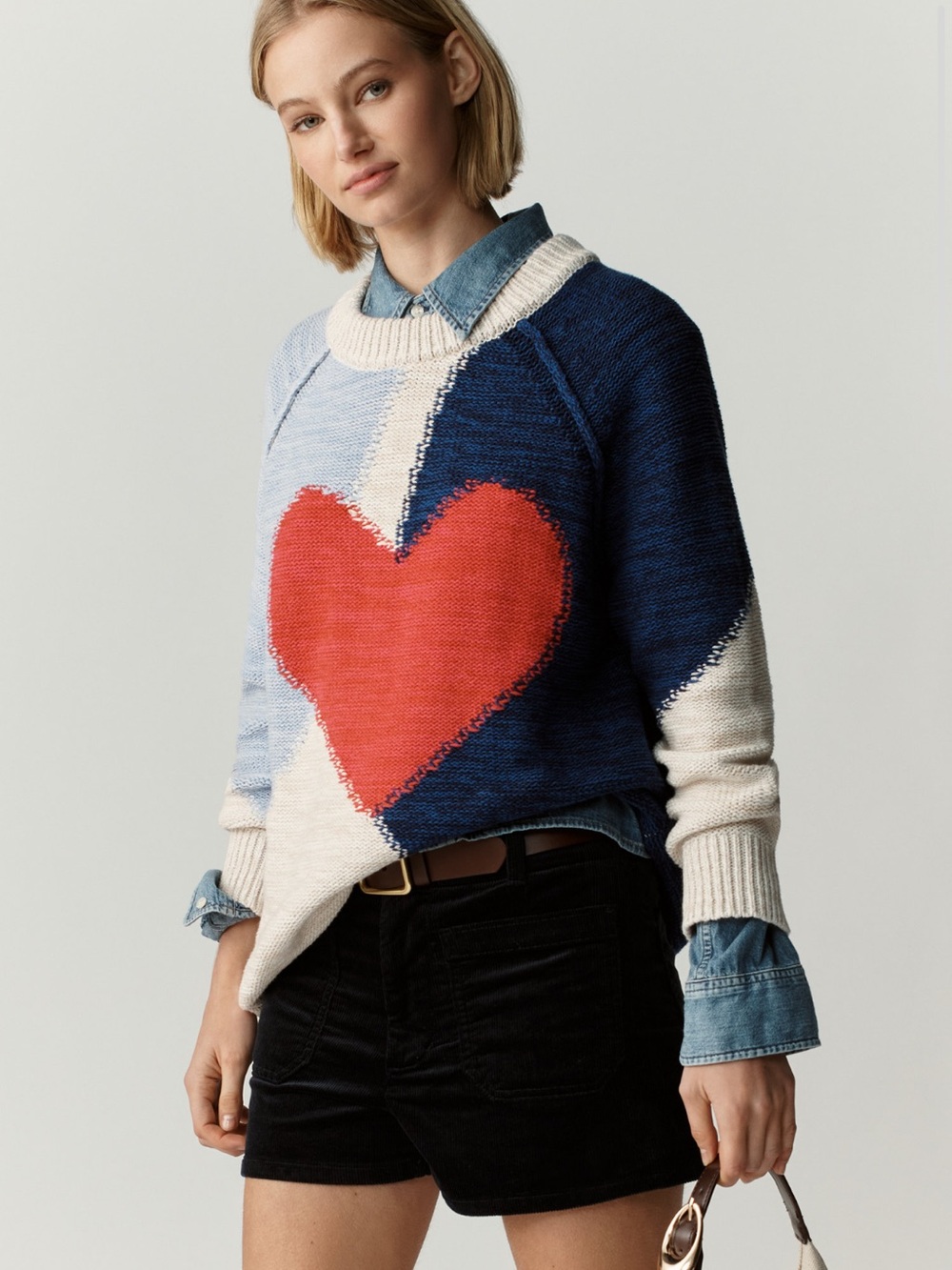 Anthropologie Pilcro Long Sleeve Oversized Crew Neck Cotton Sweater Multi Heart